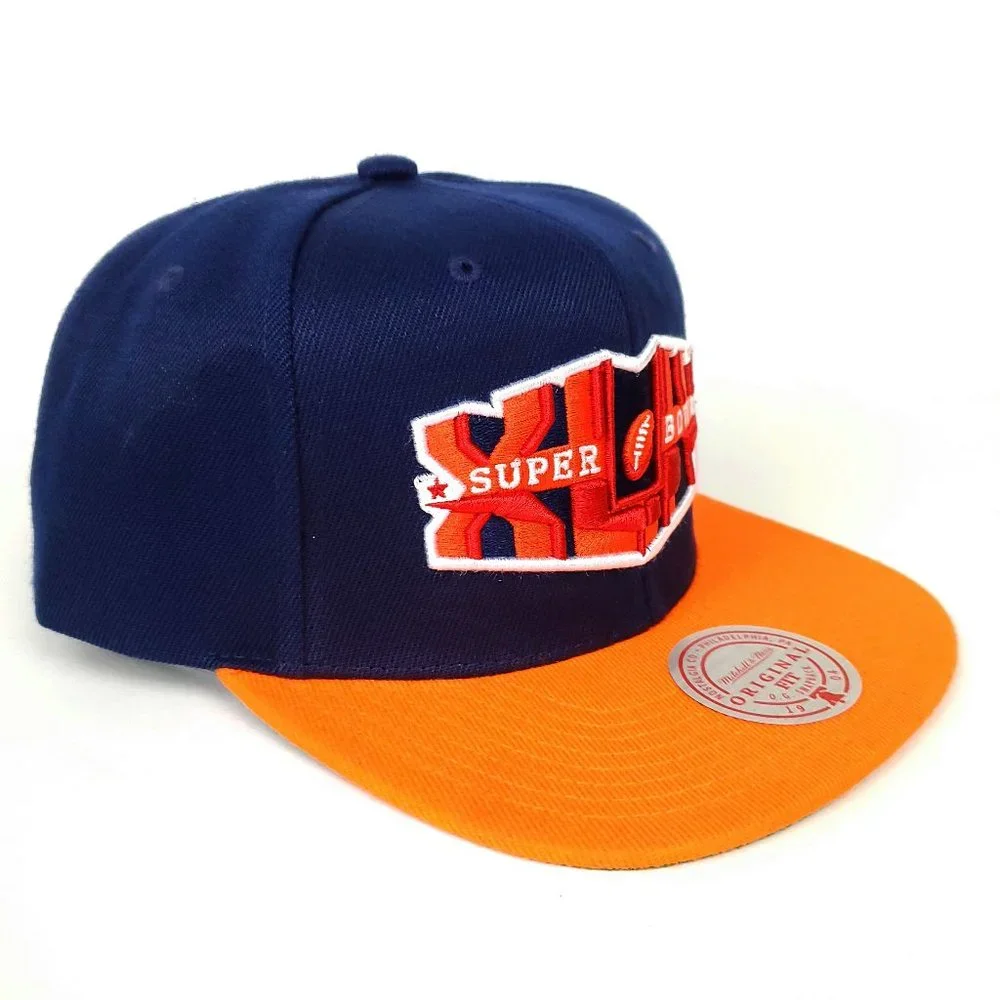 Super Bowl XLIV Mitchell‎ & Ness NFL Snapback Hat 3D Logo Navy Orange Cap NWT